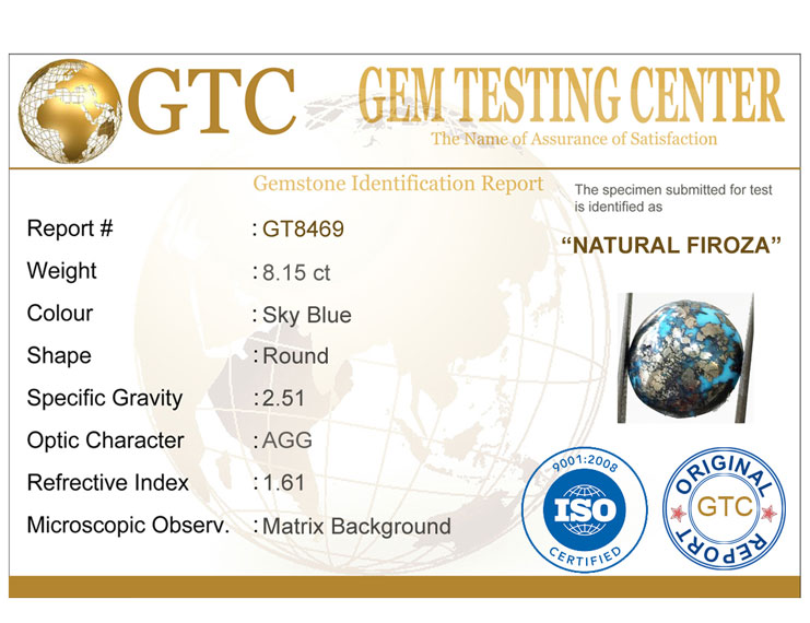 8.15 Ct Natural Irani Firoza (Iranian Turquoise) – Certified Original Gemstone | Gemshub